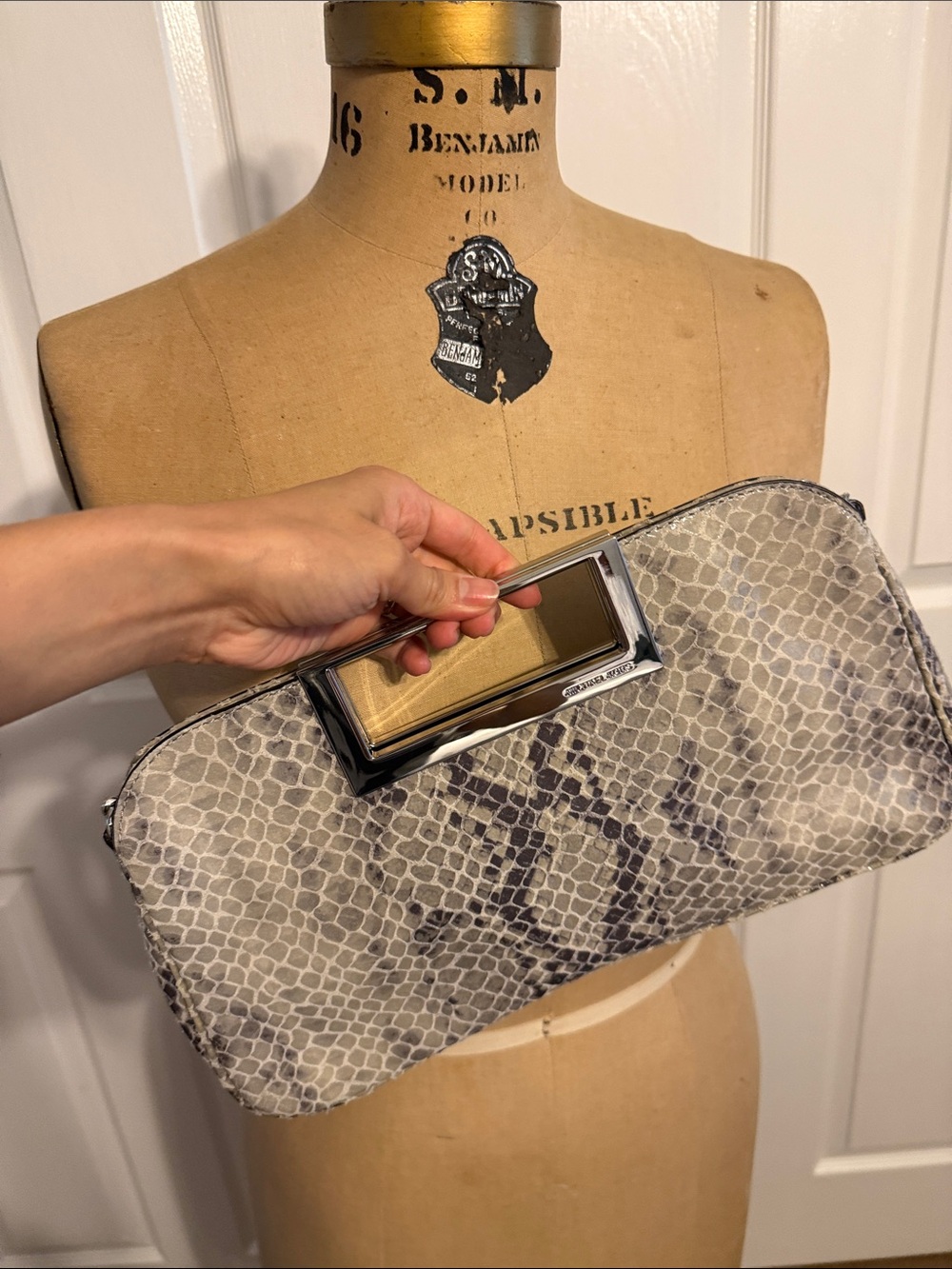 Michael Kors Gray Snakeskin-Print Chain Convertible Shoulder Bag/Clutch